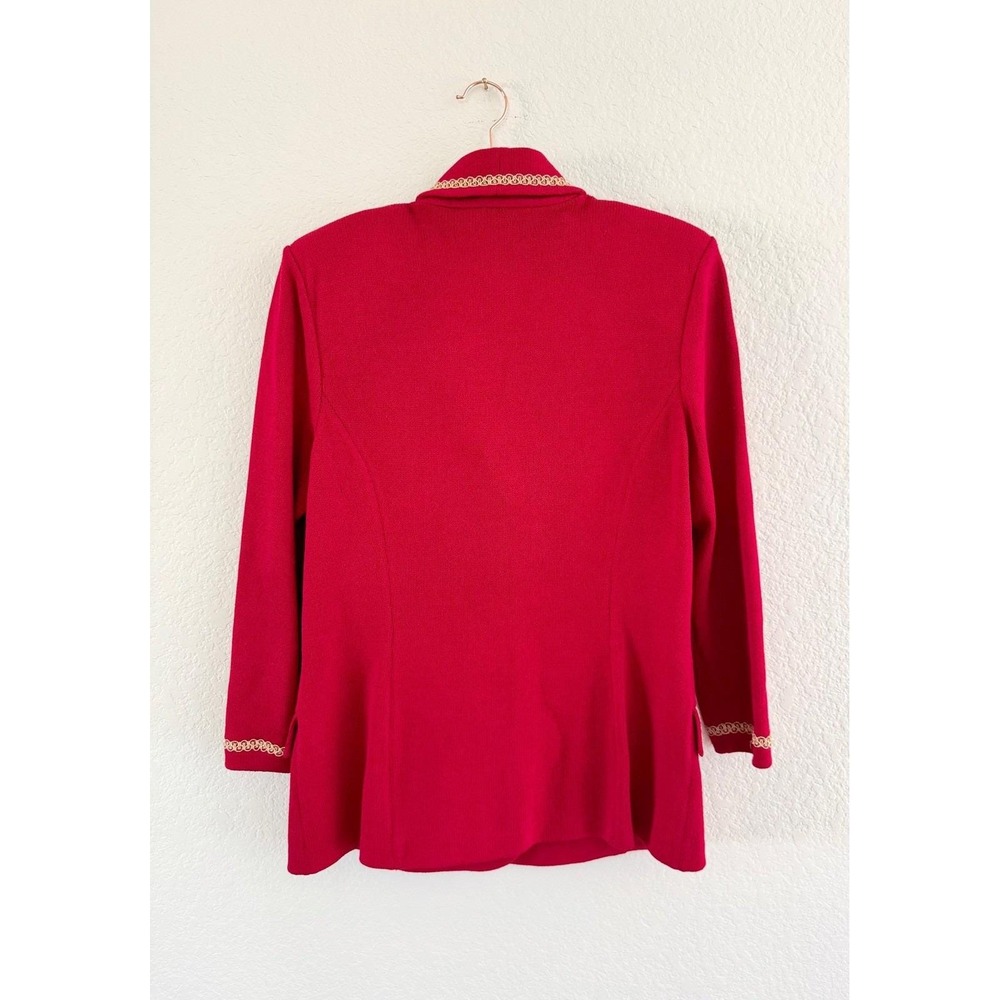 St. John Collection Red Knit Suit Set Gold Trim Double Breasted Blazer 12/10 - Picture 2 of 9